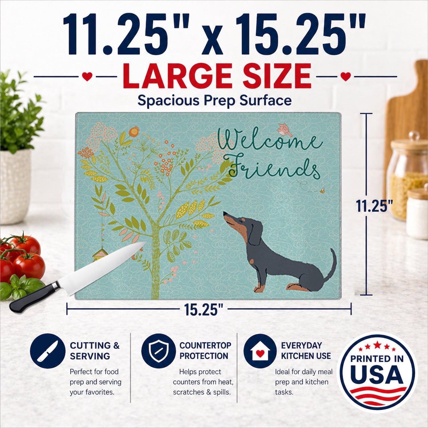 Welcome Friends Black Tan Dachshund Cutting Board Tempered Glass Kitchen Cutting Surface, Heat Resistant Chopping, Non-Slip Feet, Food Prep & Serving