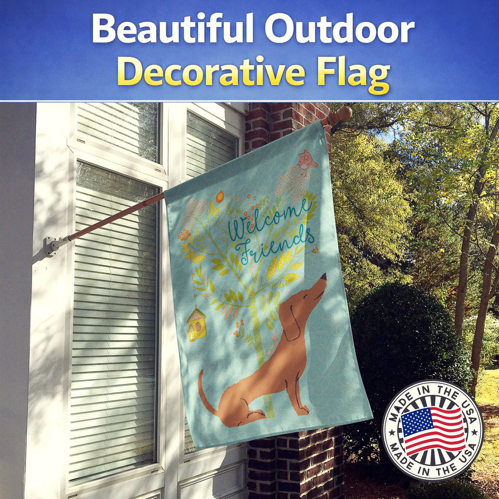 Welcome Friends Red Dachshund House Flag 28x40 Porch Sleeve Pole Decorative Outside Yard Banner Artwork Wall Hanging, Polyester