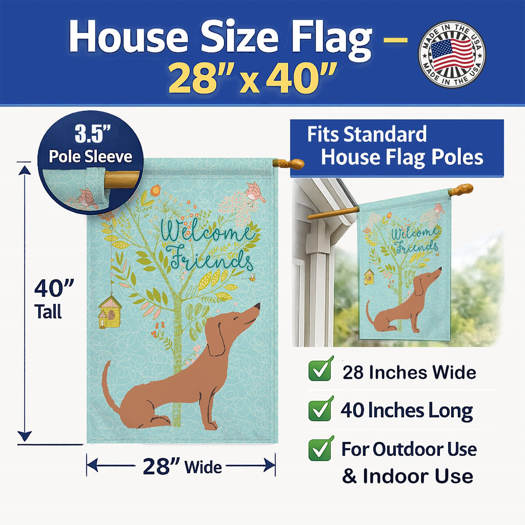 Welcome Friends Red Dachshund House Flag 28x40 Porch Sleeve Pole Decorative Outside Yard Banner Artwork Wall Hanging, Polyester