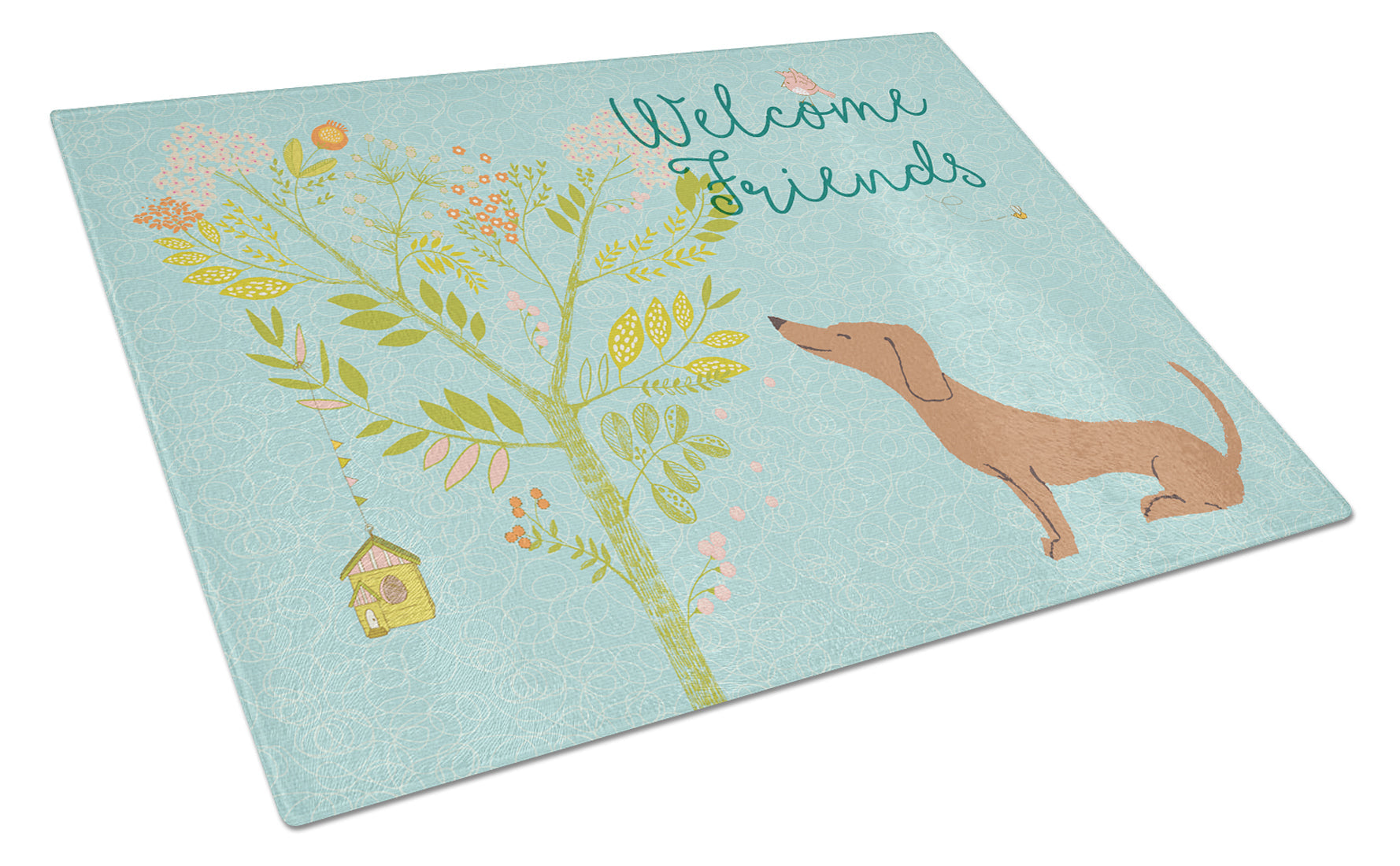 Welcome Friends Red Dachshund Cutting Board Tempered Glass Kitchen Cutting Surface, Heat Resistant Chopping, Non-Slip Feet, Food Prep & Serving