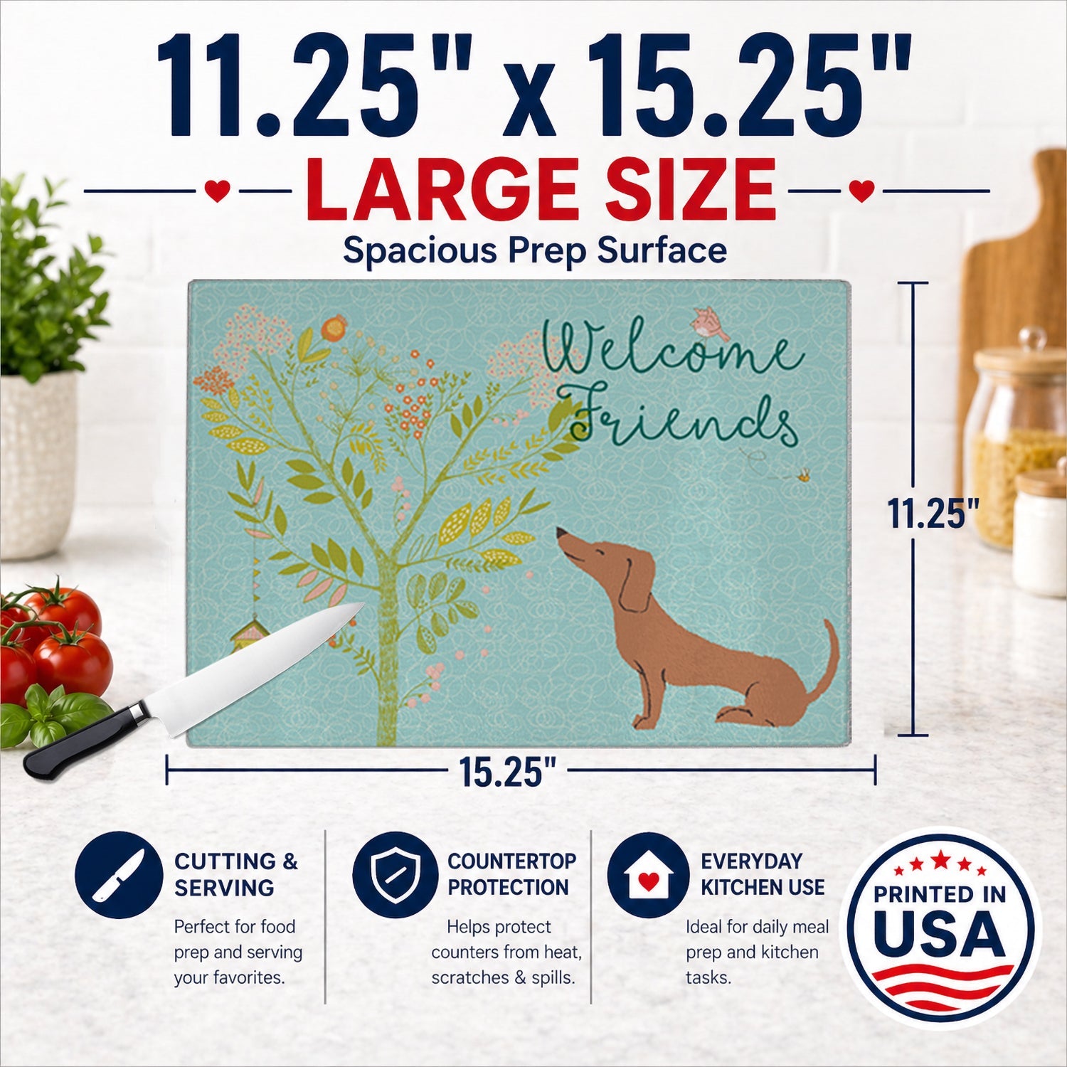 Welcome Friends Red Dachshund Cutting Board Tempered Glass Kitchen Cutting Surface, Heat Resistant Chopping, Non-Slip Feet, Food Prep & Serving