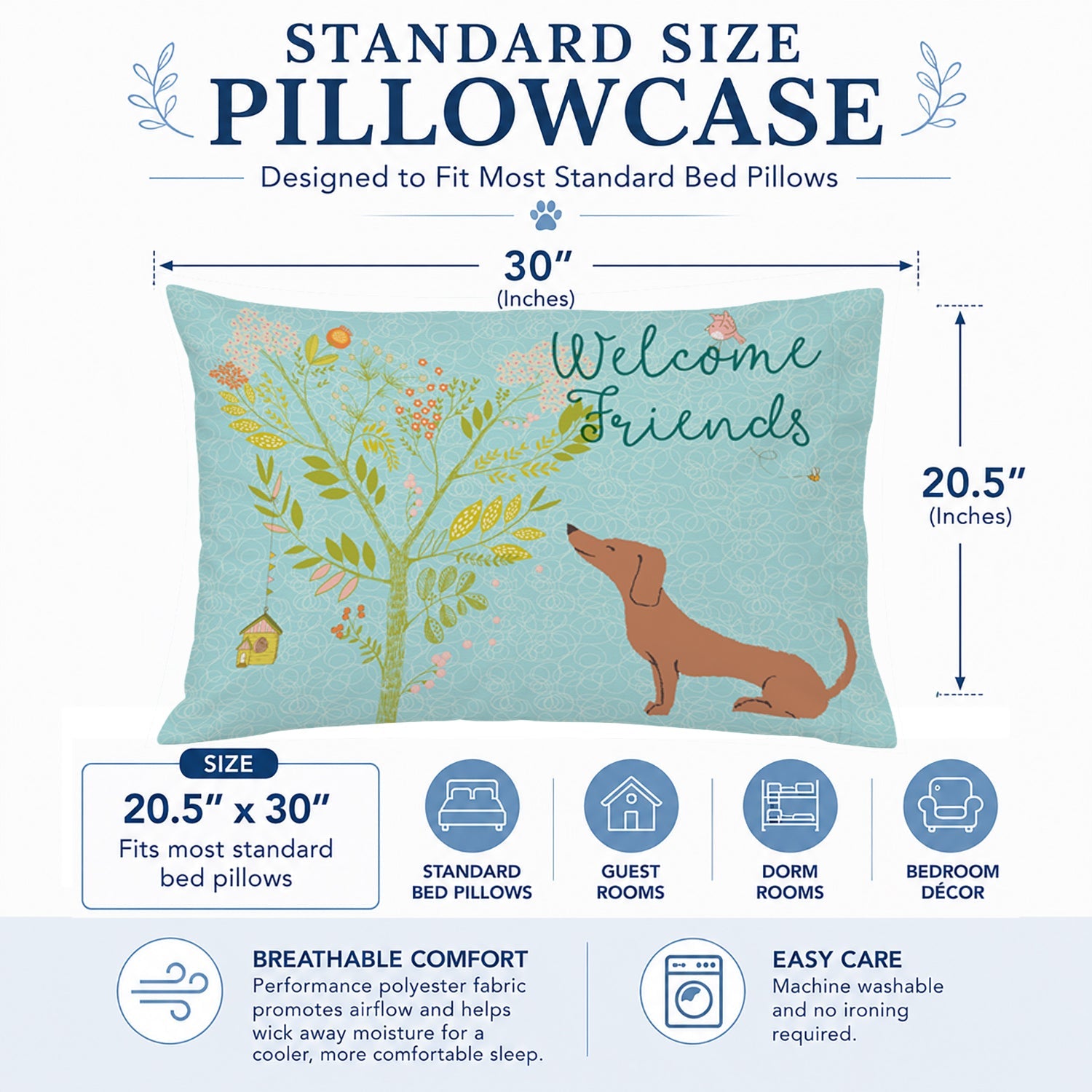Welcome Friends Red Dachshund Standard Pillowcase Lightweight Super Soft Easy Care Decorative Artwork Pillowcase, Standard