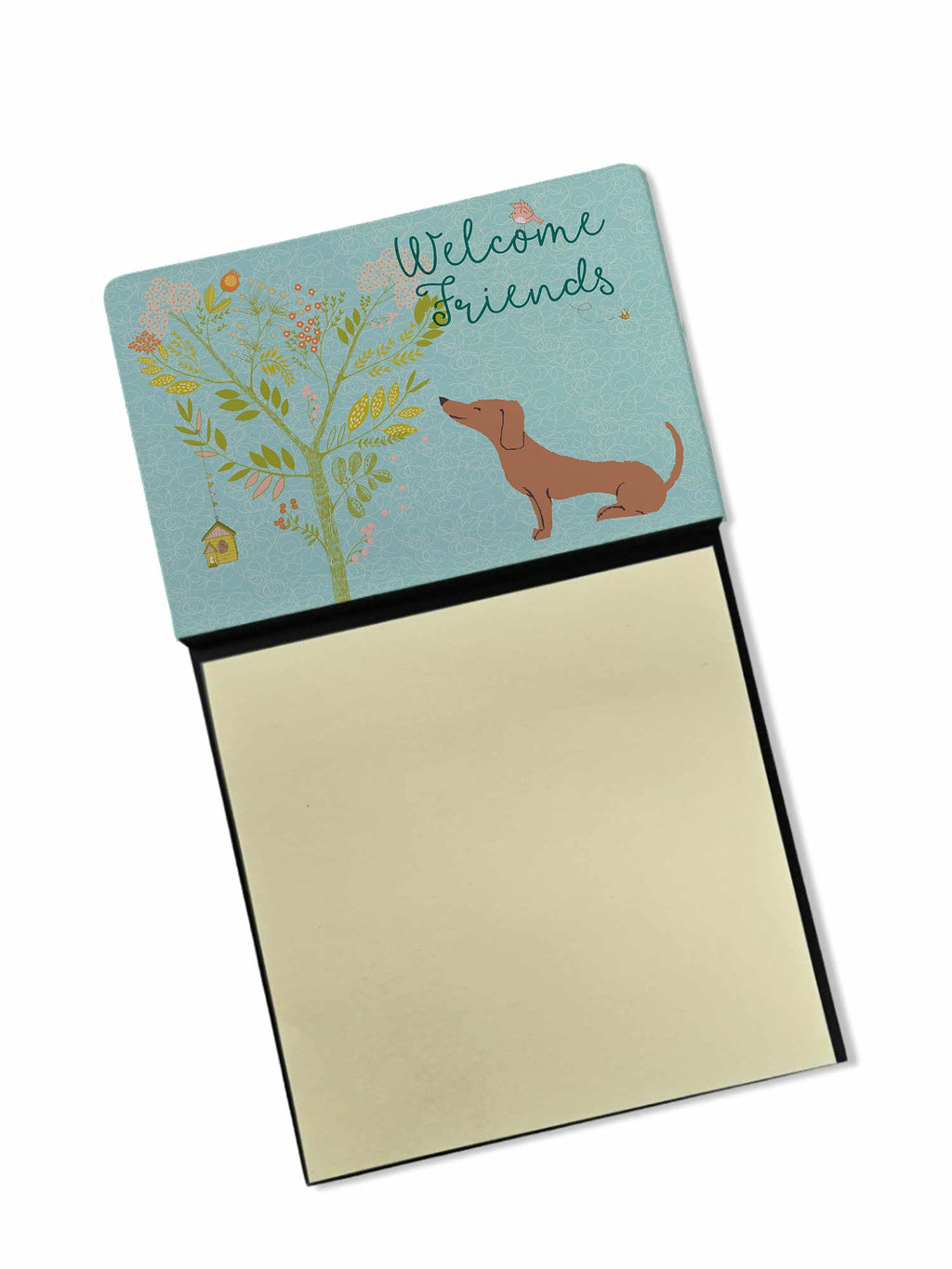 Welcome Friends Red Dachshund Watercolor Sticky Note Holder Refillable Dispenser Desk Accessory 3x3 Pad Gift