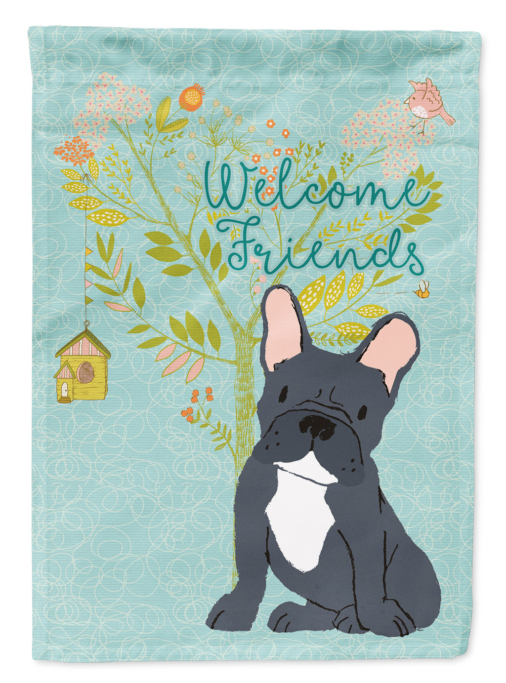 Welcome Friends Black French Bulldog House Flag 28x40 Porch Sleeve Pole Decorative Outside Yard Banner Artwork Wall Hanging, Polyester