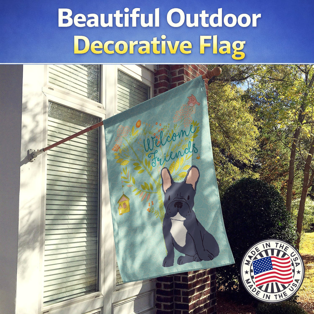 Welcome Friends Black French Bulldog House Flag 28x40 Porch Sleeve Pole Decorative Outside Yard Banner Artwork Wall Hanging, Polyester