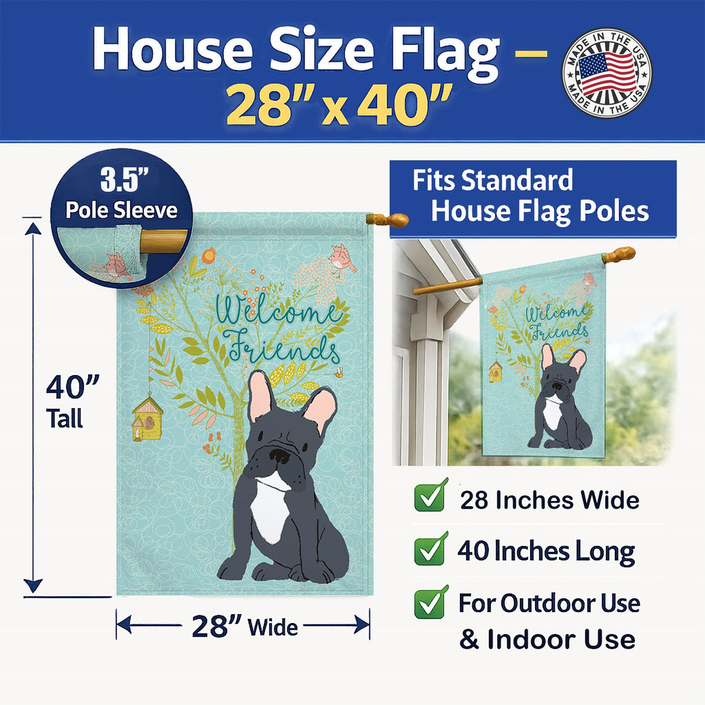 Welcome Friends Black French Bulldog House Flag 28x40 Porch Sleeve Pole Decorative Outside Yard Banner Artwork Wall Hanging, Polyester
