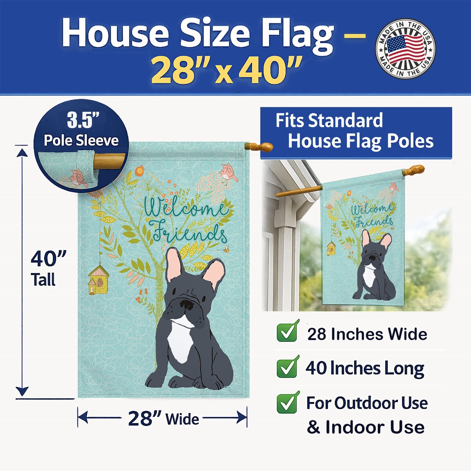 Welcome Friends Black French Bulldog House Flag 28x40 Porch Sleeve Pole Decorative Outside Yard Banner Artwork Wall Hanging, Polyester