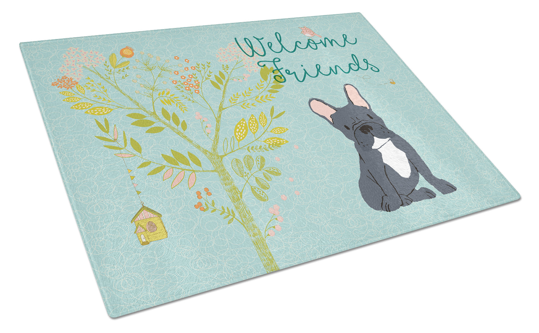 Welcome Friends Black French Bulldog Cutting Board Tempered Glass Kitchen Cutting Surface, Heat Resistant Chopping, Non-Slip Feet, Food Prep & Serving