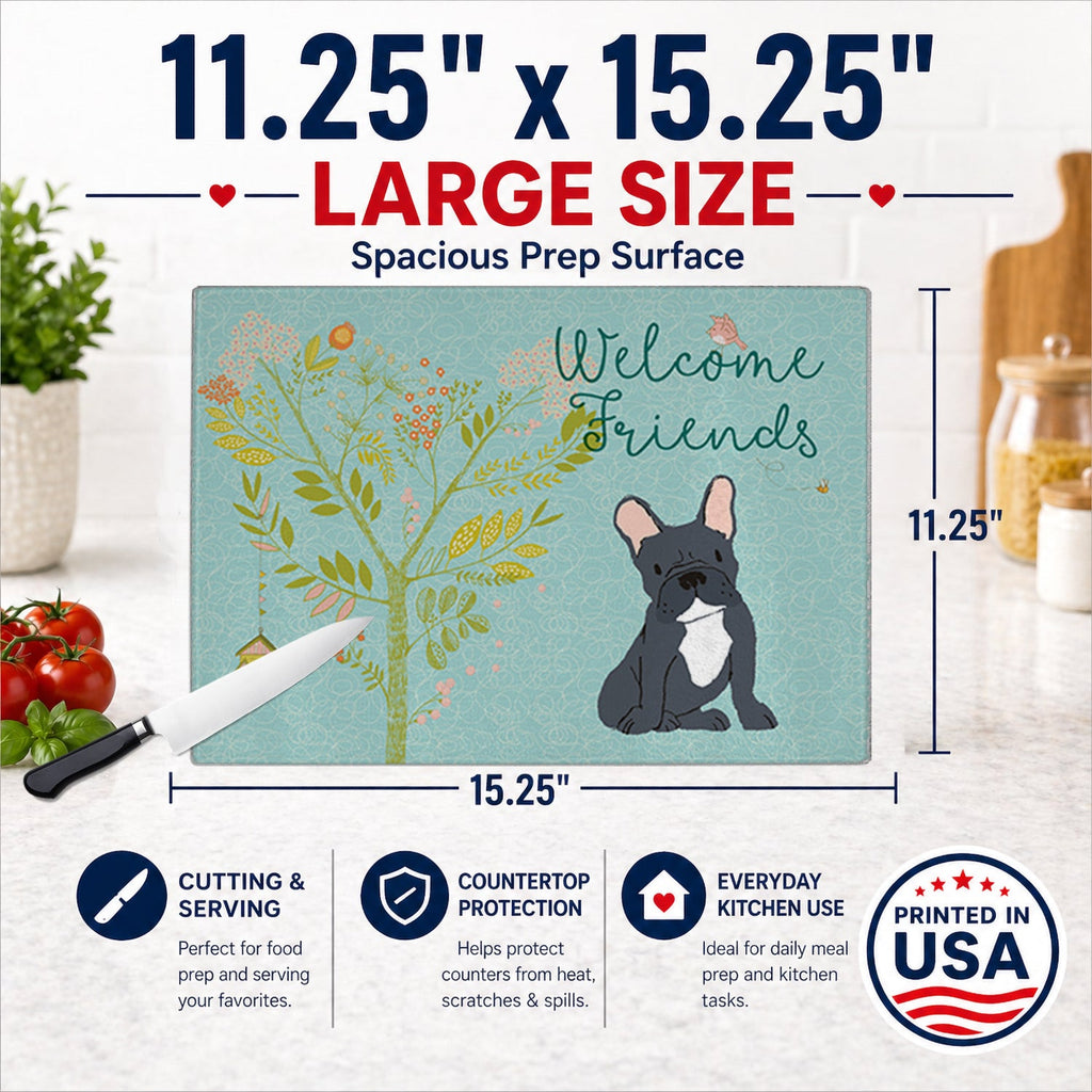 Welcome Friends Black French Bulldog Cutting Board Tempered Glass Kitchen Cutting Surface, Heat Resistant Chopping, Non-Slip Feet, Food Prep & Serving