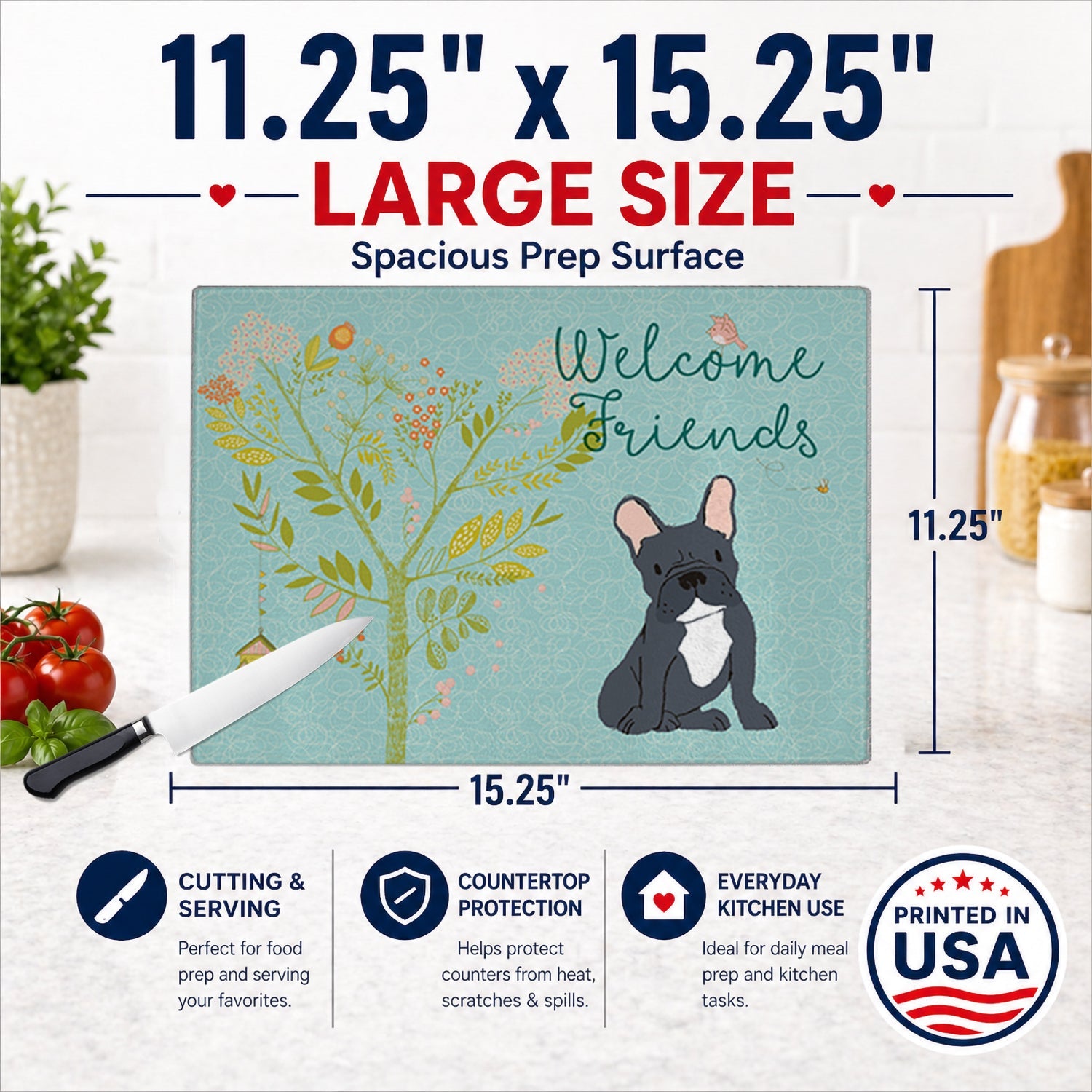 Welcome Friends Black French Bulldog Cutting Board Tempered Glass Kitchen Cutting Surface, Heat Resistant Chopping, Non-Slip Feet, Food Prep & Serving