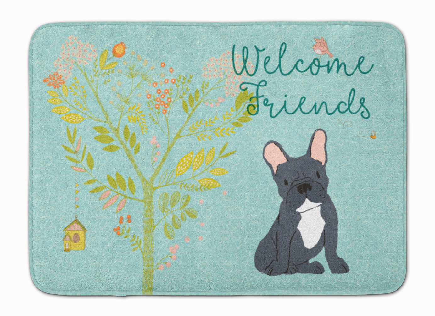 Welcome Friends Black French Bulldog Memory Foam Kitchen Mat Machine Washable Anti-Fatigue Cushion Comfort Bath or Kitchen Rug