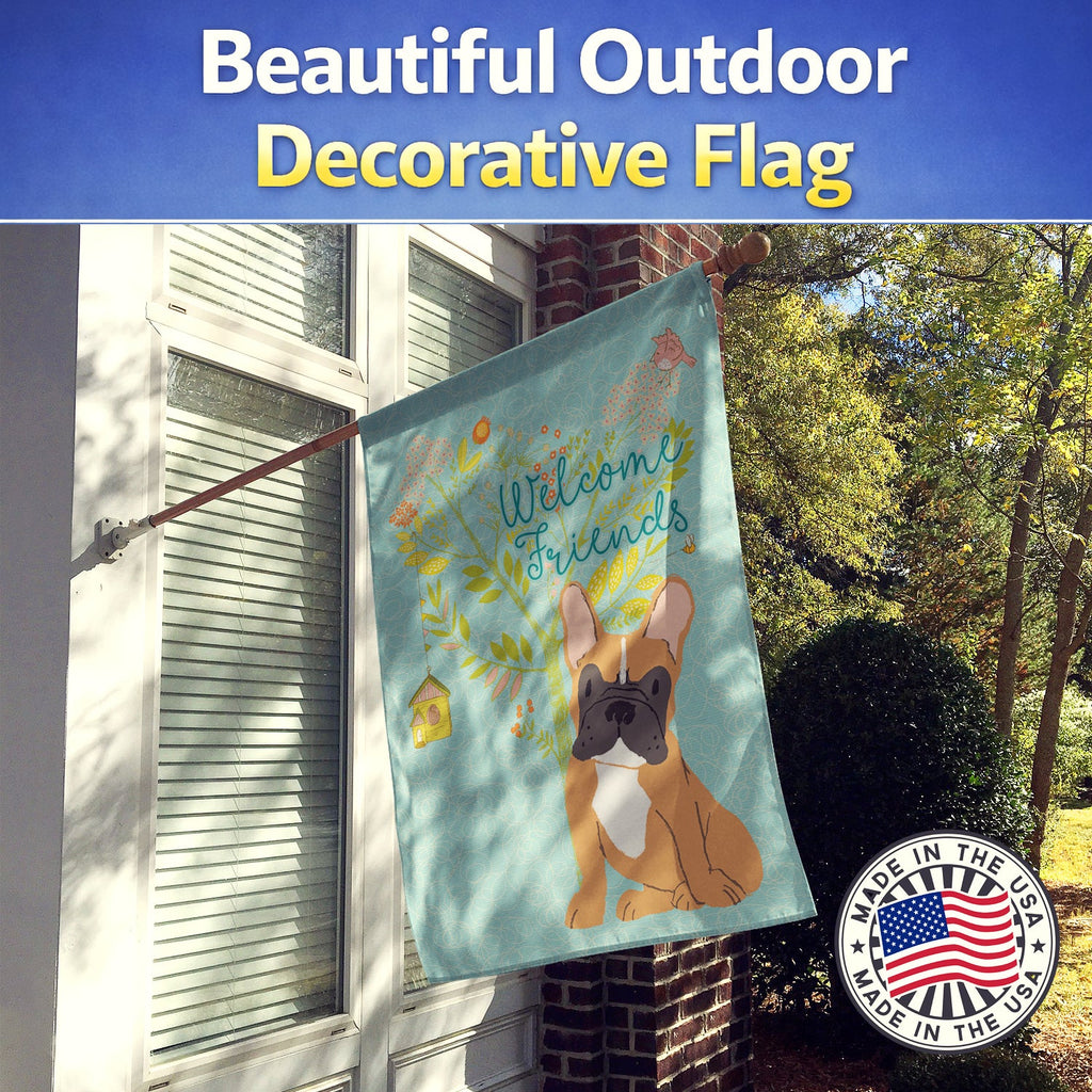Welcome Friends Fawn French Bulldog House Flag 28x40 Porch Sleeve Pole Decorative Outside Yard Banner Artwork Wall Hanging, Polyester