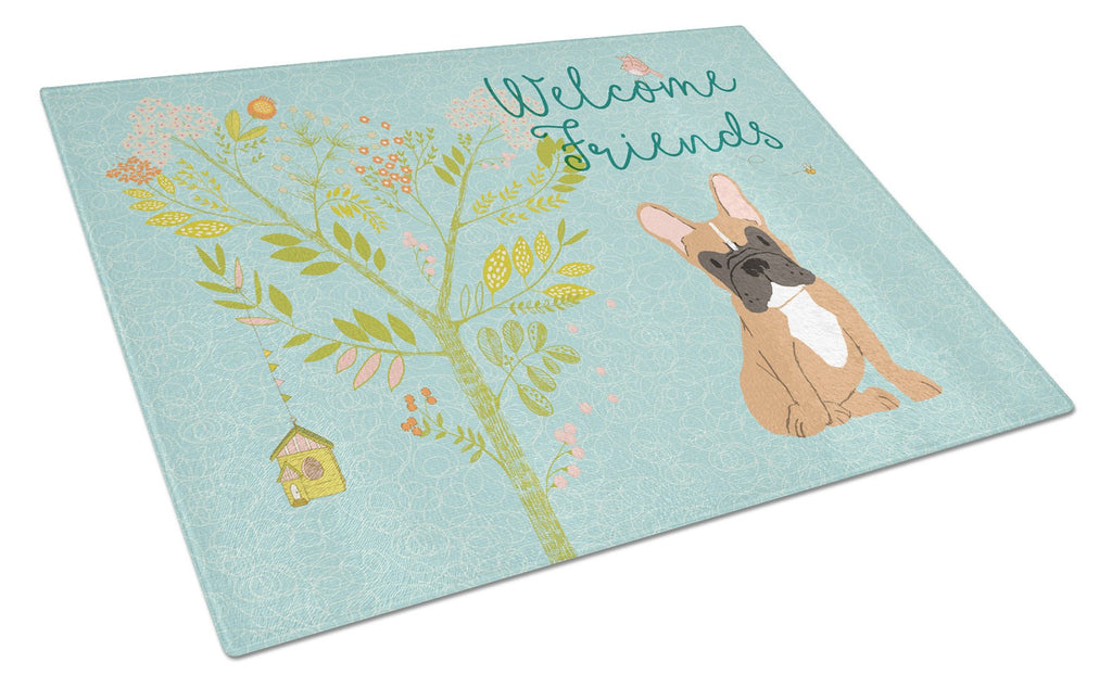 Welcome Friends Fawn French Bulldog Cutting Board Tempered Glass Kitchen Cutting Surface, Heat Resistant Chopping, Non-Slip Feet, Food Prep & Serving