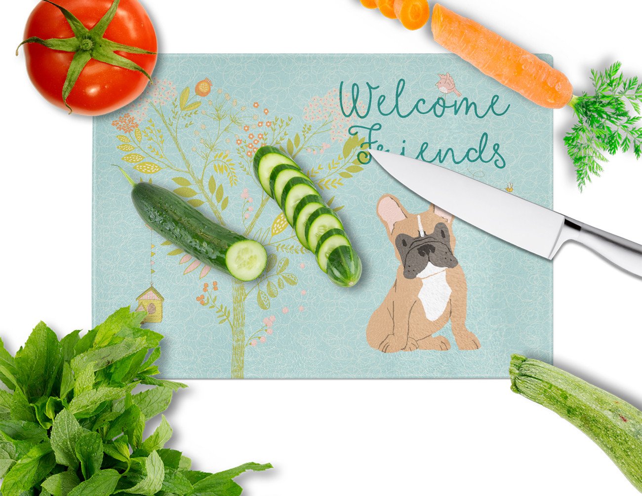 Welcome Friends Fawn French Bulldog Cutting Board Tempered Glass Kitchen Cutting Surface, Heat Resistant Chopping, Non-Slip Feet, Food Prep & Serving