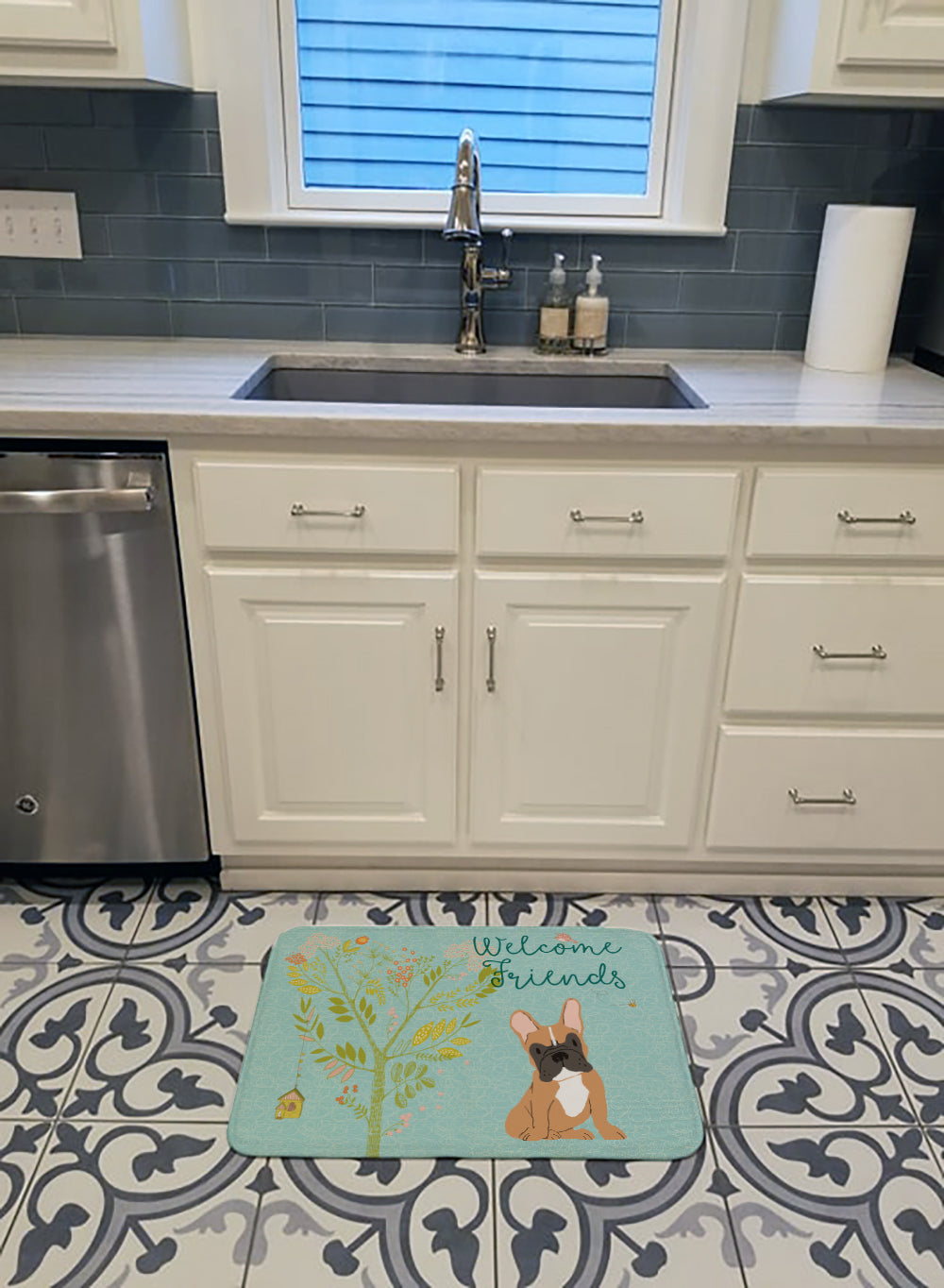 Welcome Friends Fawn French Bulldog Memory Foam Kitchen Mat Machine Washable Anti-Fatigue Cushion Comfort Bath or Kitchen Rug