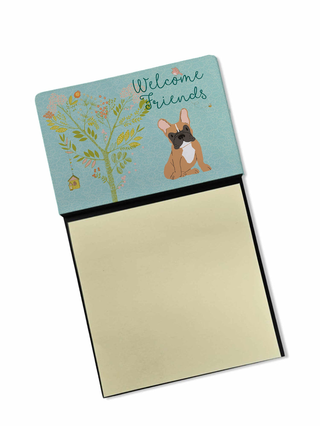 Welcome Friends Fawn French Bulldog Watercolor Sticky Note Holder Refillable Dispenser Desk Accessory 3x3 Pad Gift