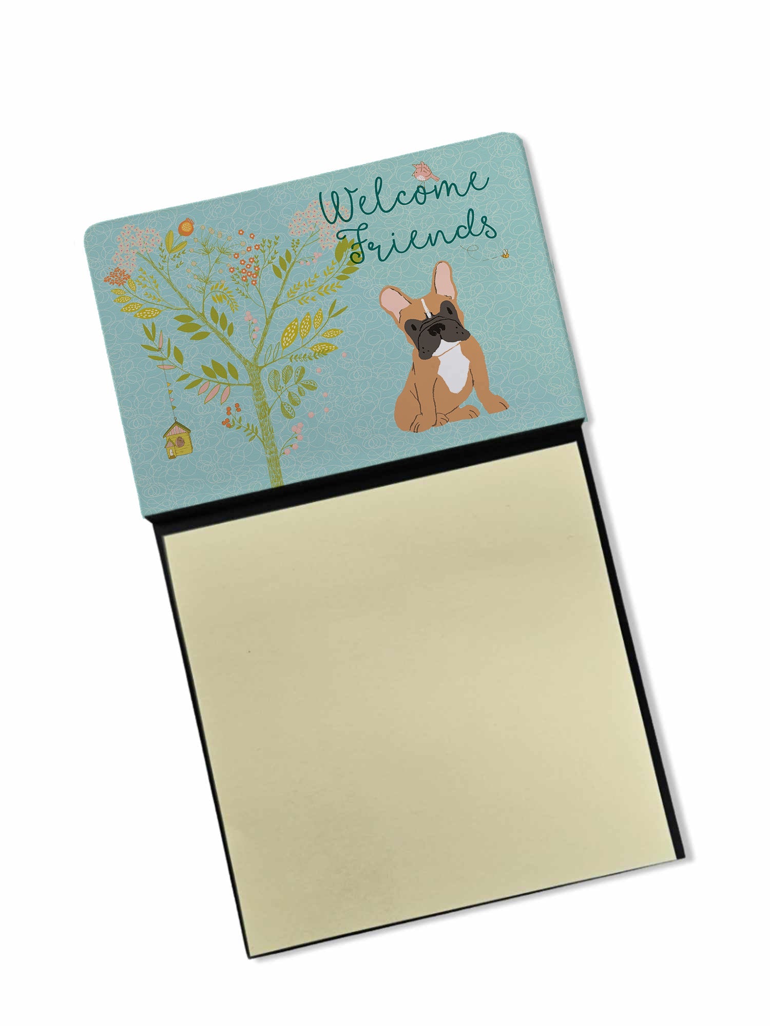 Welcome Friends Fawn French Bulldog Watercolor Sticky Note Holder Refillable Dispenser Desk Accessory 3x3 Pad Gift