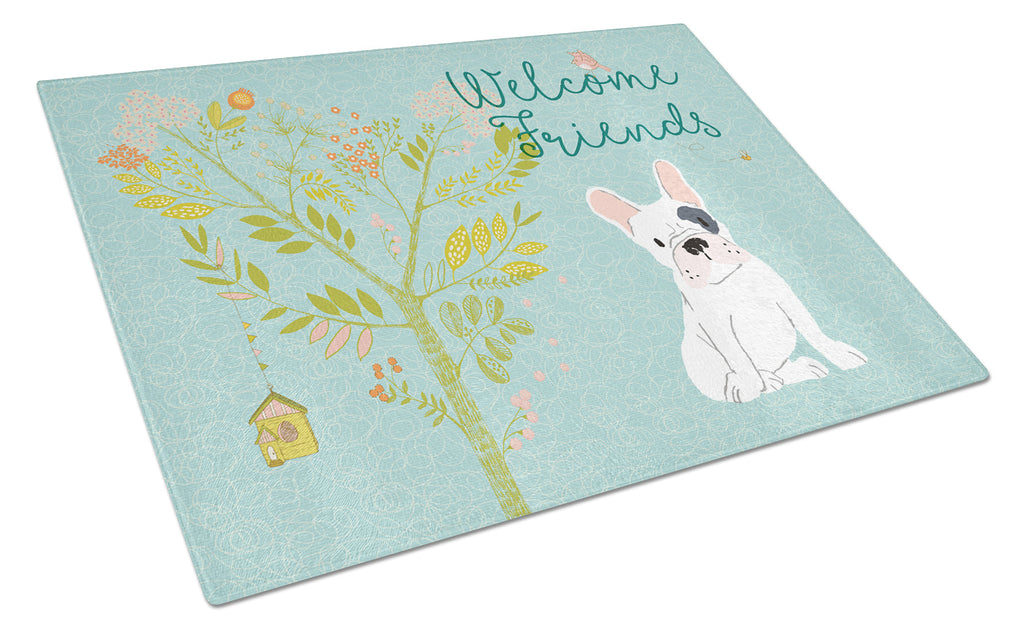 Welcome Friends Piebald French Bulldog Cutting Board Tempered Glass Kitchen Cutting Surface, Heat Resistant Chopping, Non-Slip Feet, Food Prep & Serving