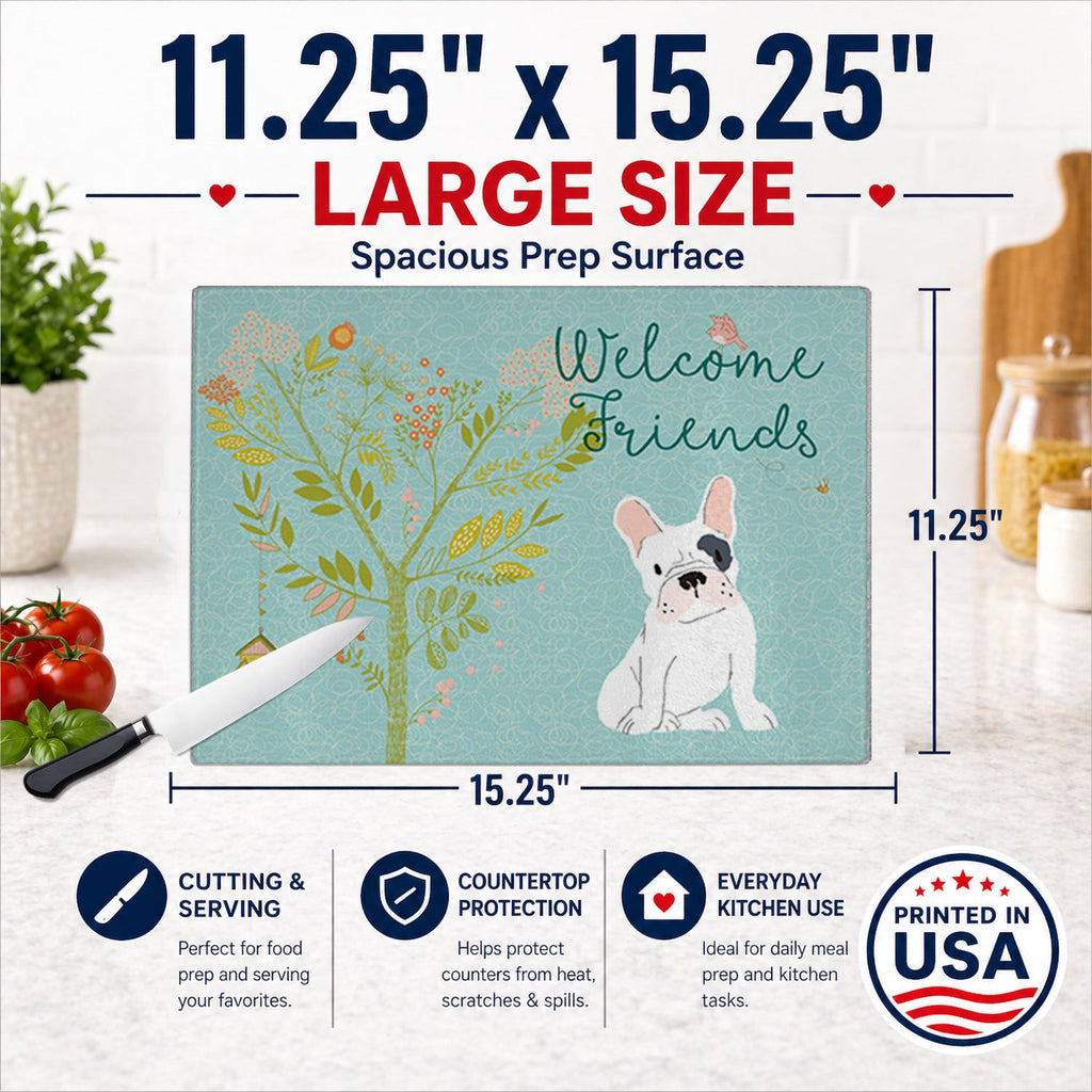 Welcome Friends Piebald French Bulldog Cutting Board Tempered Glass Kitchen Cutting Surface, Heat Resistant Chopping, Non-Slip Feet, Food Prep & Serving