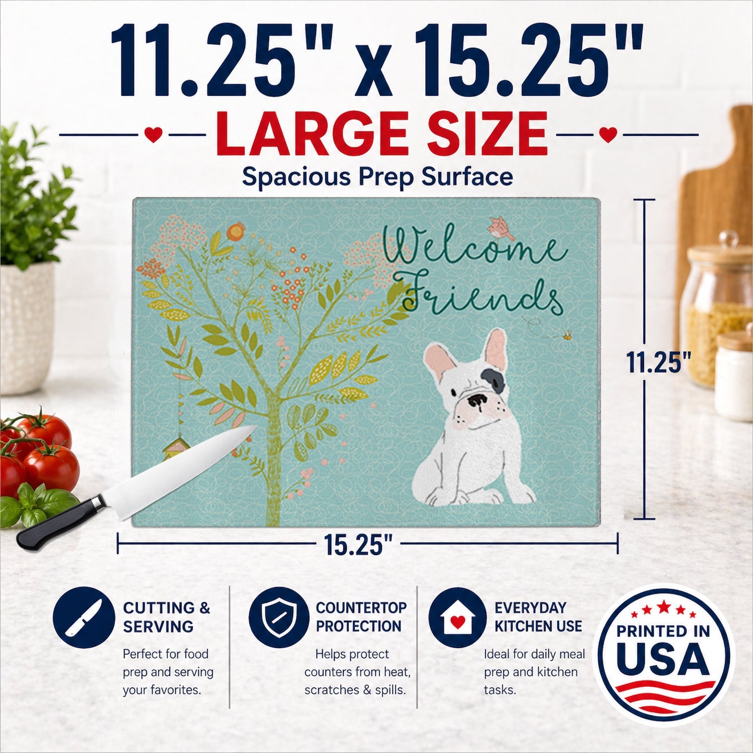 Welcome Friends Piebald French Bulldog Cutting Board Tempered Glass Kitchen Cutting Surface, Heat Resistant Chopping, Non-Slip Feet, Food Prep & Serving