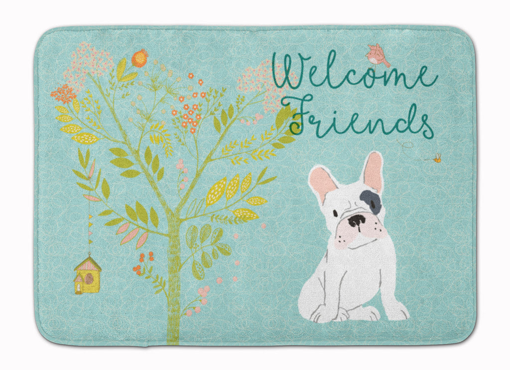 Welcome Friends Piebald French Bulldog Memory Foam Kitchen Mat Machine Washable Anti-Fatigue Cushion Comfort Bath or Kitchen Rug