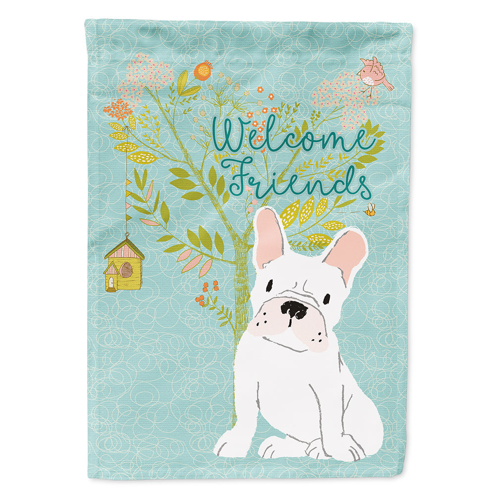 Welcome Friends White French Bulldog House Flag 28x40 Porch Sleeve Pole Decorative Outside Yard Banner Artwork Wall Hanging, Polyester