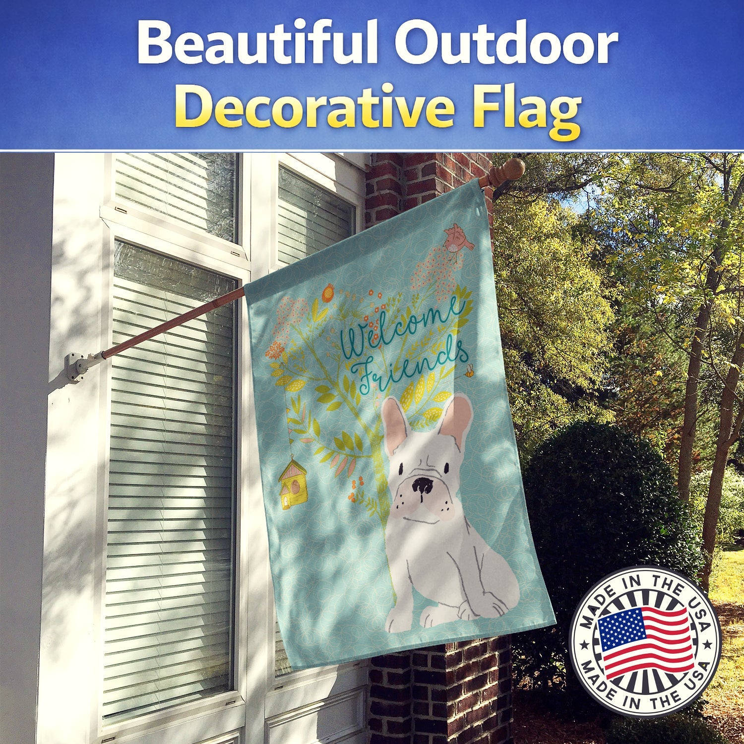 Welcome Friends White French Bulldog House Flag 28x40 Porch Sleeve Pole Decorative Outside Yard Banner Artwork Wall Hanging, Polyester