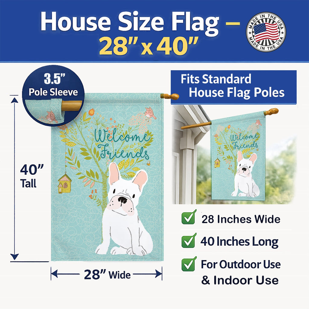 Welcome Friends White French Bulldog House Flag 28x40 Porch Sleeve Pole Decorative Outside Yard Banner Artwork Wall Hanging, Polyester