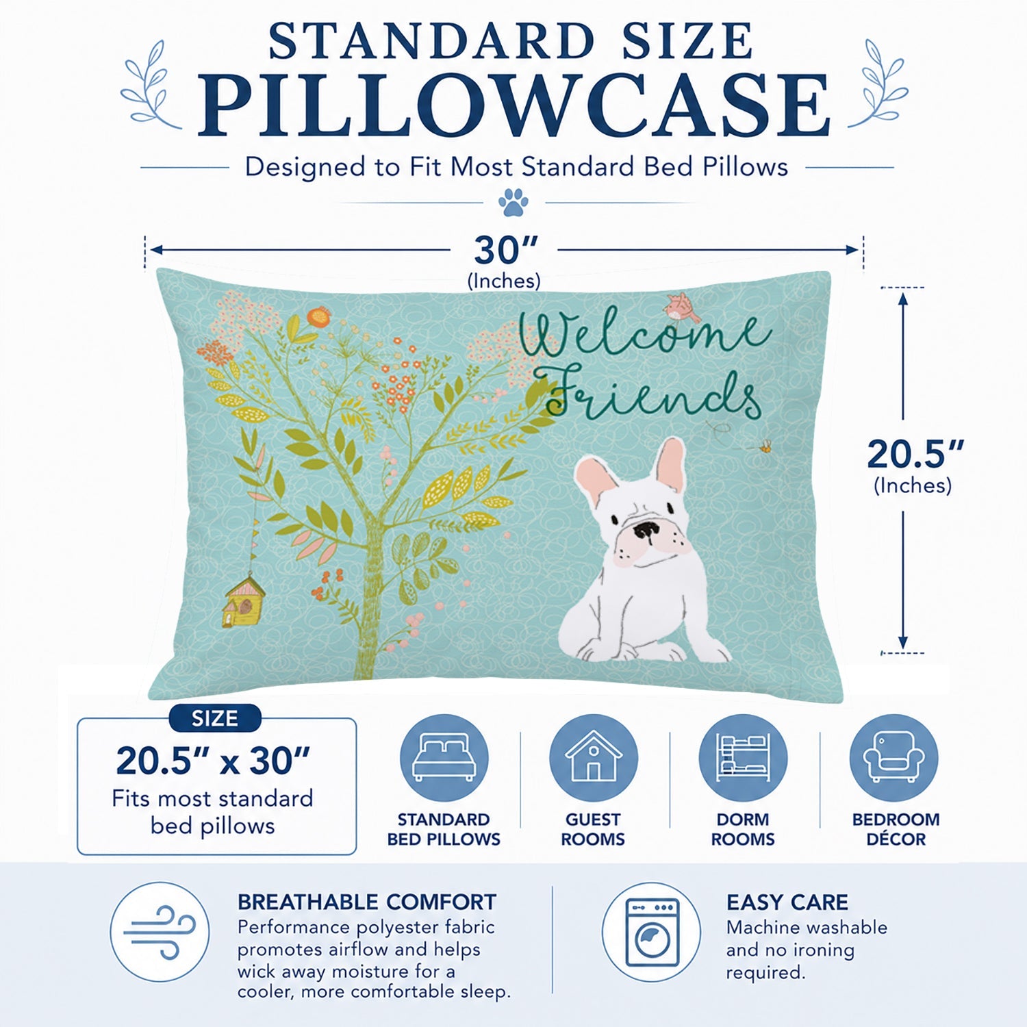 Welcome Friends White French Bulldog Standard Pillowcase Lightweight Super Soft Easy Care Decorative Artwork Pillowcase, Standard