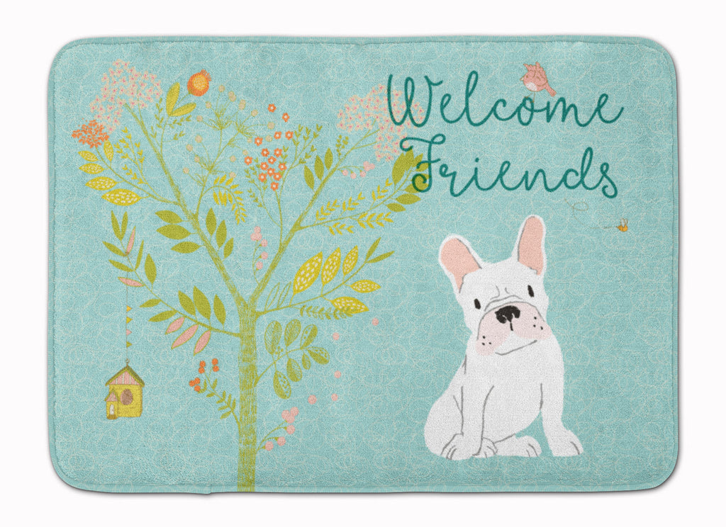 Welcome Friends White French Bulldog Memory Foam Kitchen Mat Machine Washable Anti-Fatigue Cushion Comfort Bath or Kitchen Rug