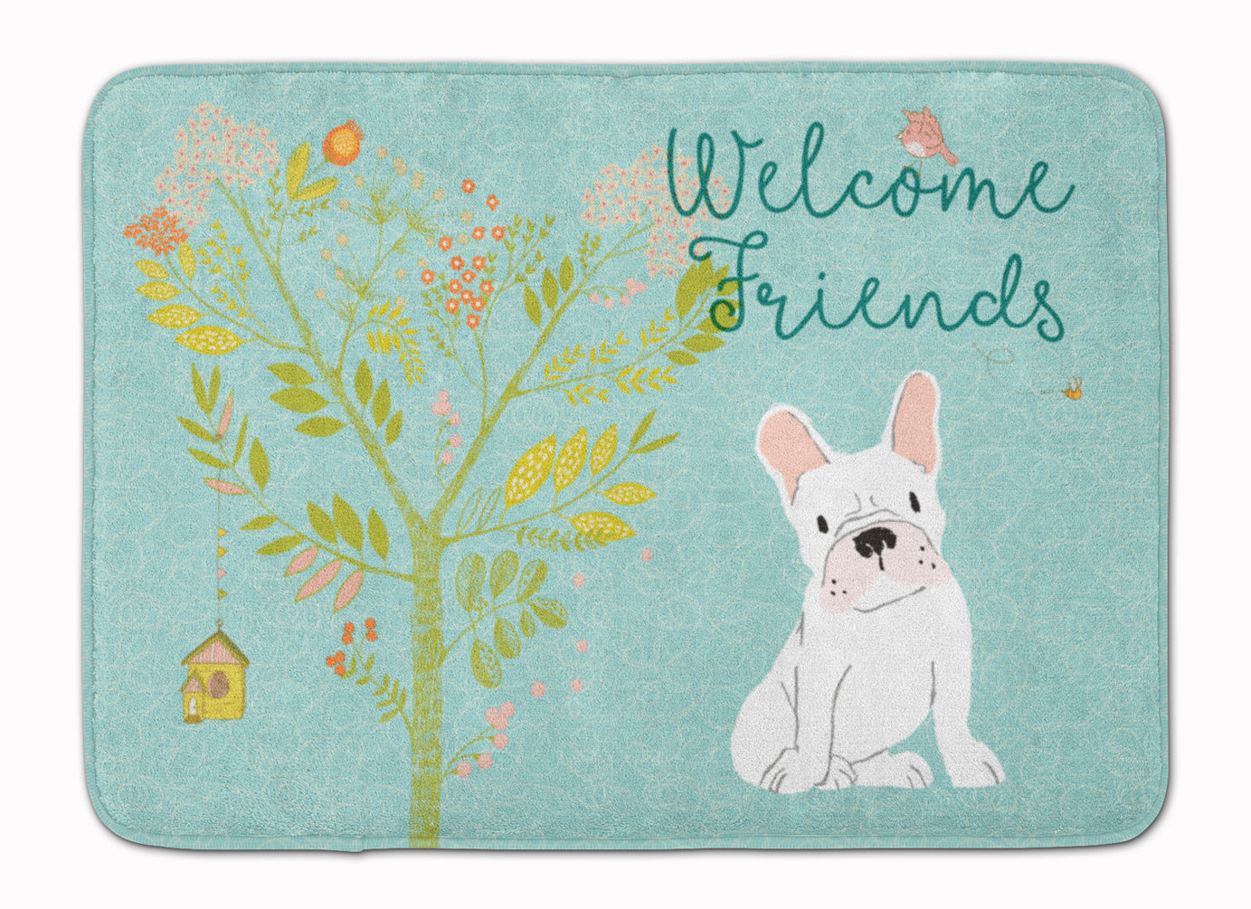 Welcome Friends White French Bulldog Memory Foam Kitchen Mat Machine Washable Anti-Fatigue Cushion Comfort Bath or Kitchen Rug