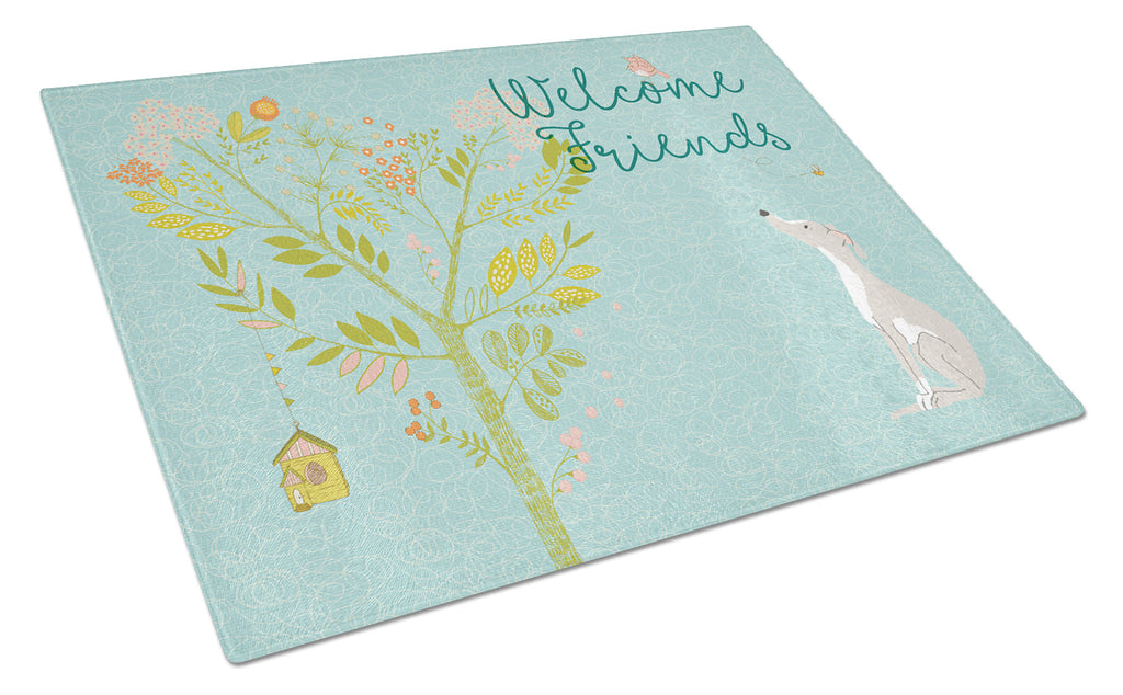Welcome Friends Italian Greyhound Cutting Board Tempered Glass Kitchen Cutting Surface, Heat Resistant Chopping, Non-Slip Feet, Food Prep & Serving