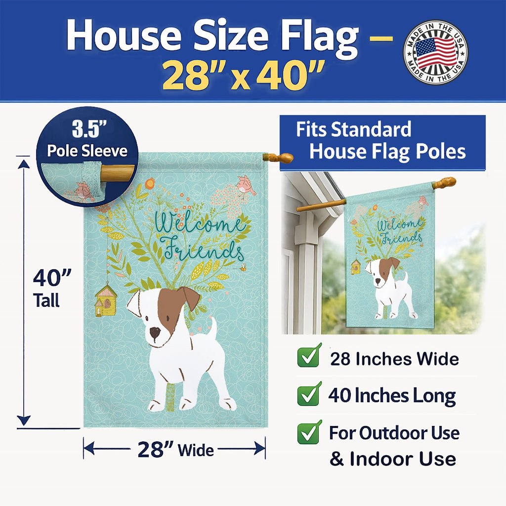 Welcome Friends Jack Russell Terrier Puppy House Flag 28x40 Porch Sleeve Pole Decorative Outside Yard Banner Artwork Wall Hanging, Polyester