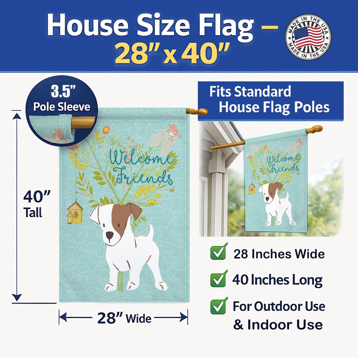 Welcome Friends Jack Russell Terrier Puppy House Flag 28x40 Porch Sleeve Pole Decorative Outside Yard Banner Artwork Wall Hanging, Polyester
