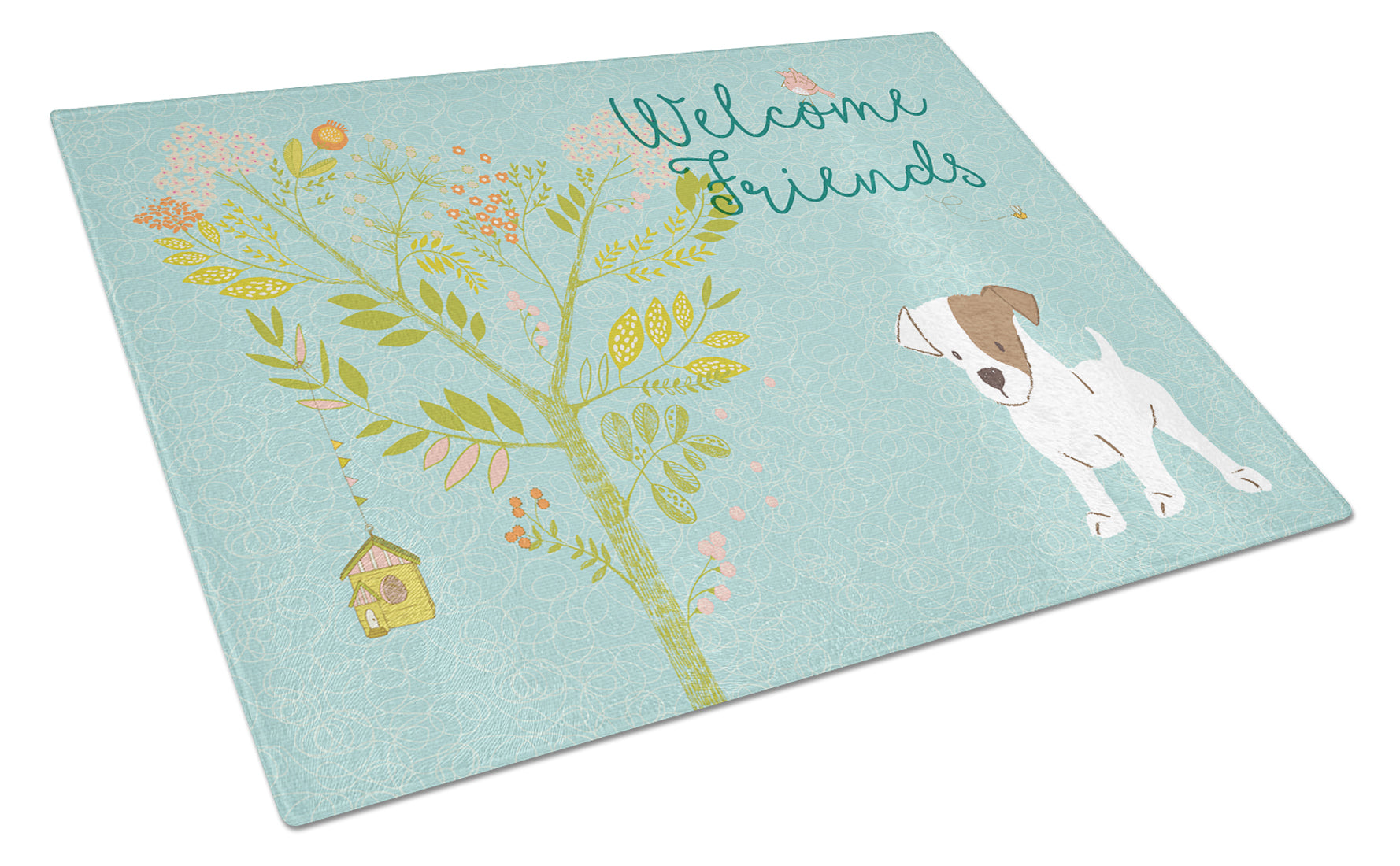 Welcome Friends Jack Russell Terrier Puppy Cutting Board Tempered Glass Kitchen Cutting Surface, Heat Resistant Chopping, Non-Slip Feet, Food Prep & Serving