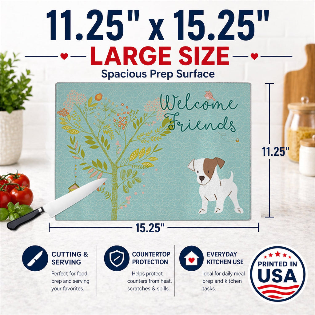 Welcome Friends Jack Russell Terrier Puppy Cutting Board Tempered Glass Kitchen Cutting Surface, Heat Resistant Chopping, Non-Slip Feet, Food Prep & Serving
