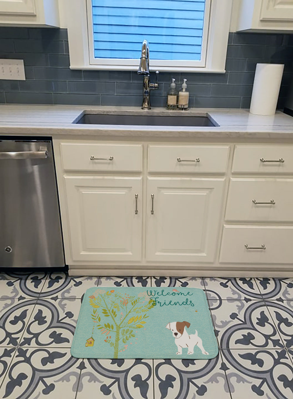 Welcome Friends Jack Russell Terrier Puppy Memory Foam Kitchen Mat Machine Washable Anti-Fatigue Cushion Comfort Bath or Kitchen Rug