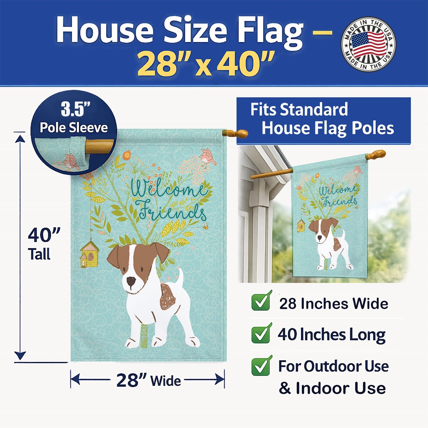 Welcome Friends Jack Russell Terrier Puppy House Flag 28x40 Porch Sleeve Pole Decorative Outside Yard Banner Artwork Wall Hanging, Polyester