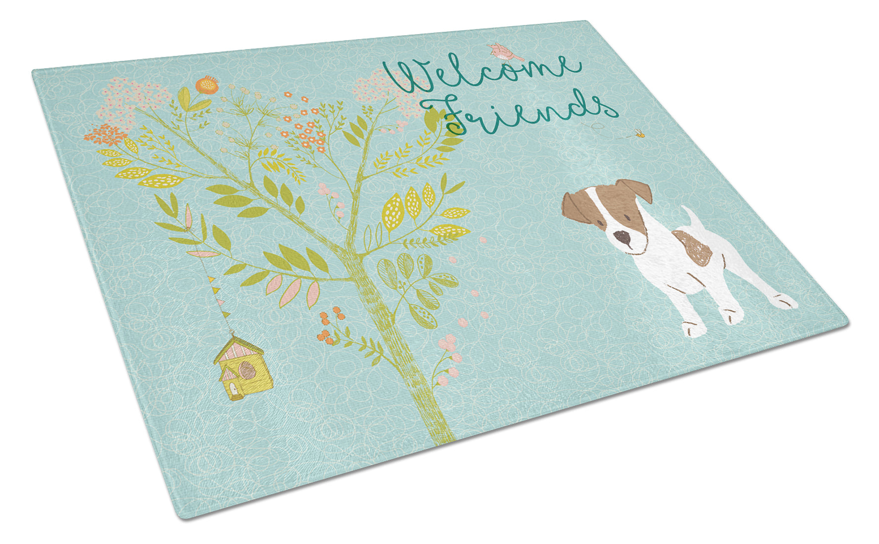 Welcome Friends Jack Russell Terrier Puppy Cutting Board Tempered Glass Kitchen Cutting Surface, Heat Resistant Chopping, Non-Slip Feet, Food Prep & Serving