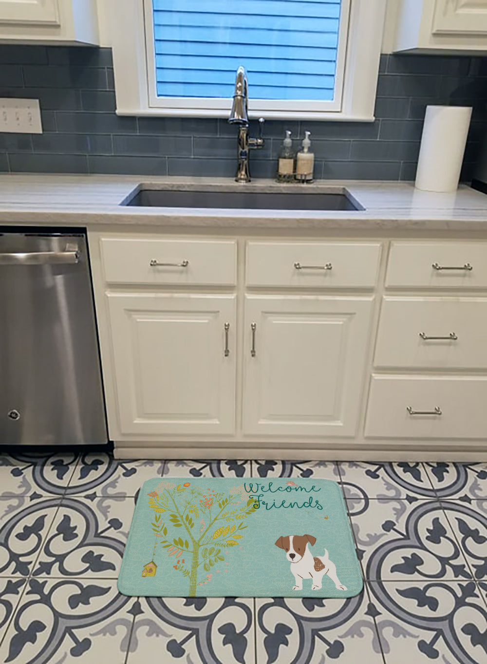 Welcome Friends Jack Russell Terrier Puppy Memory Foam Kitchen Mat Machine Washable Anti-Fatigue Cushion Comfort Bath or Kitchen Rug