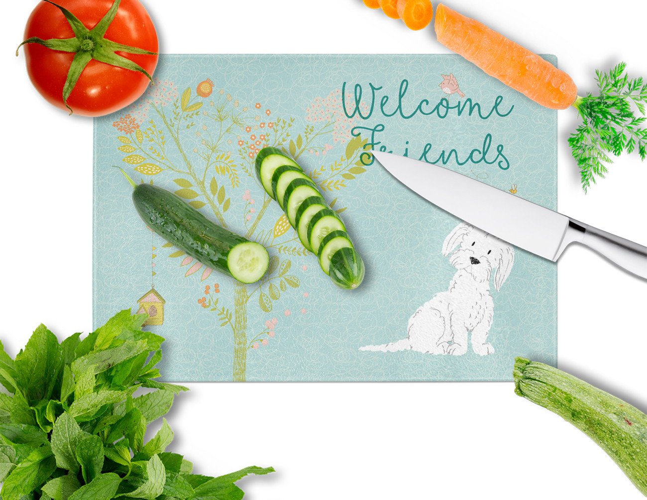 Welcome Friends Maltese Cutting Board Tempered Glass Kitchen Cutting Surface, Heat Resistant Chopping, Non-Slip Feet, Food Prep & Serving