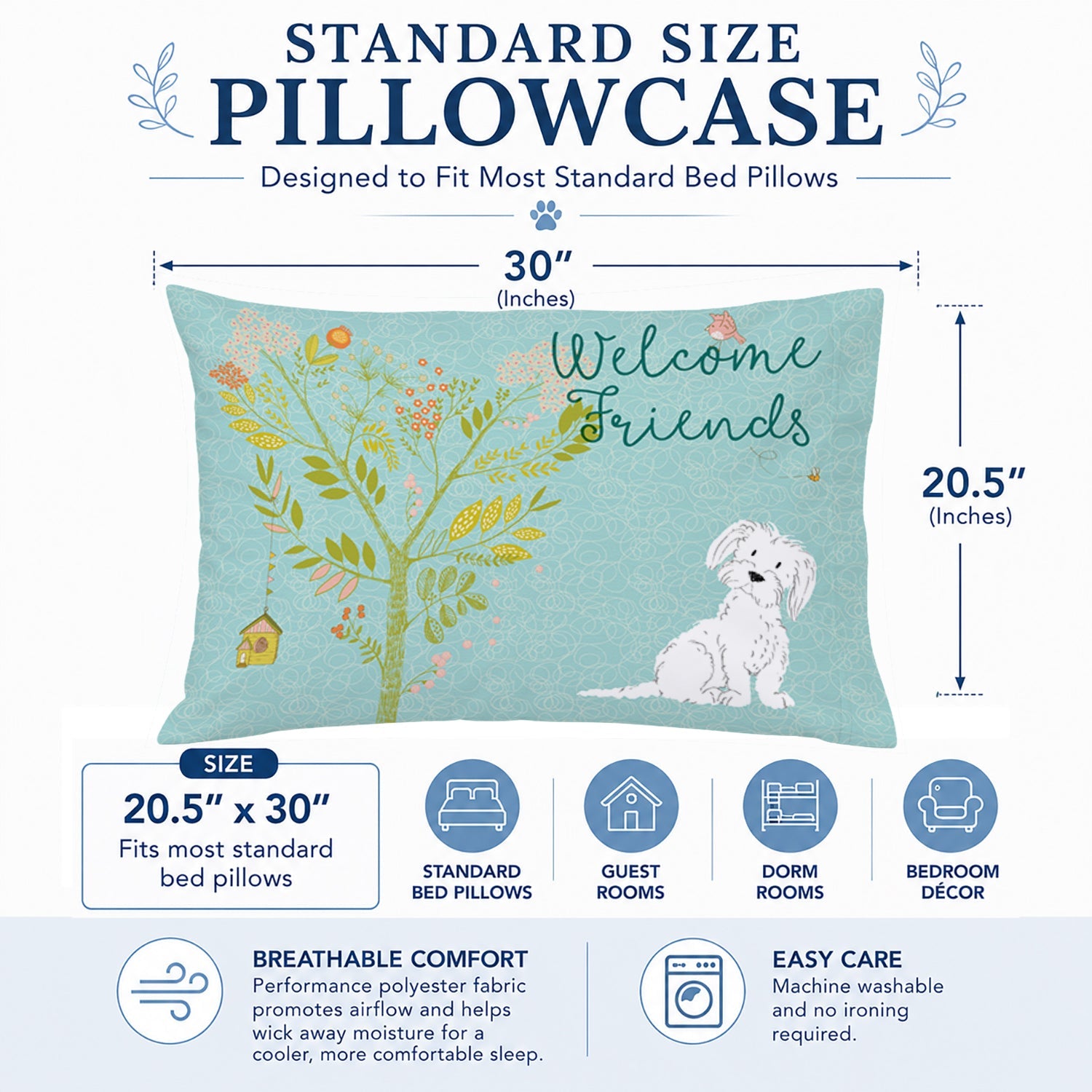Welcome Friends Maltese Standard Pillowcase Lightweight Super Soft Easy Care Decorative Artwork Pillowcase, Standard