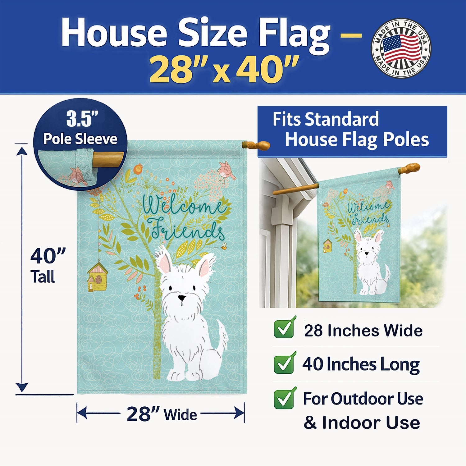 Welcome Friends Westie House Flag 28x40 Porch Sleeve Pole Decorative Outside Yard Banner Artwork Wall Hanging, Polyester
