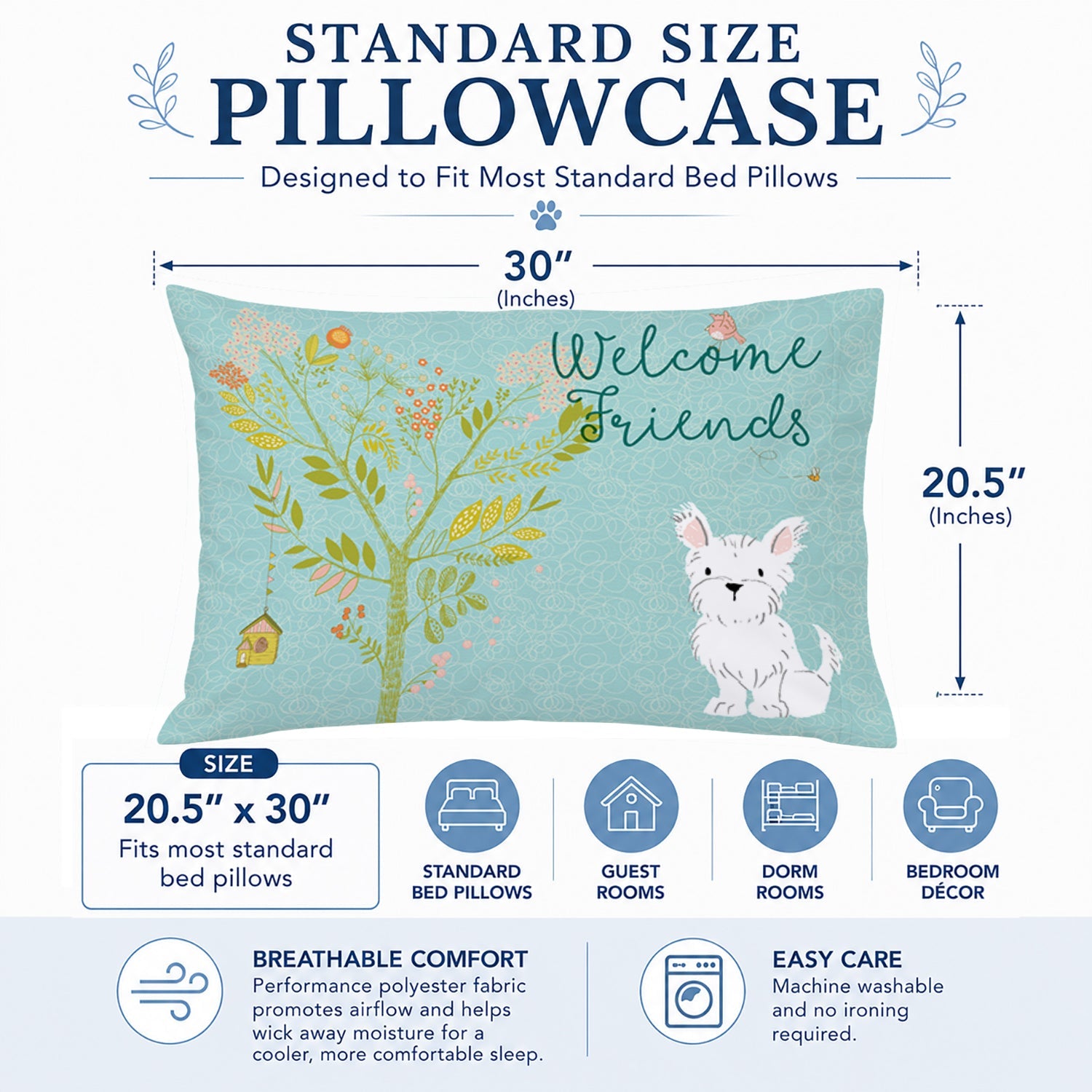 Welcome Friends Westie Standard Pillowcase Lightweight Super Soft Easy Care Decorative Artwork Pillowcase, Standard