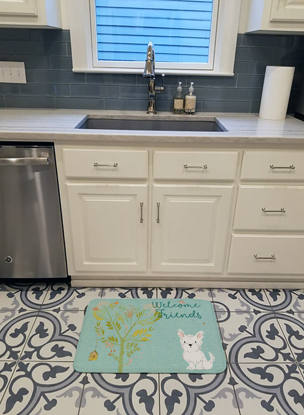 Welcome Friends Westie Memory Foam Kitchen Mat Machine Washable Anti-Fatigue Cushion Comfort Bath or Kitchen Rug