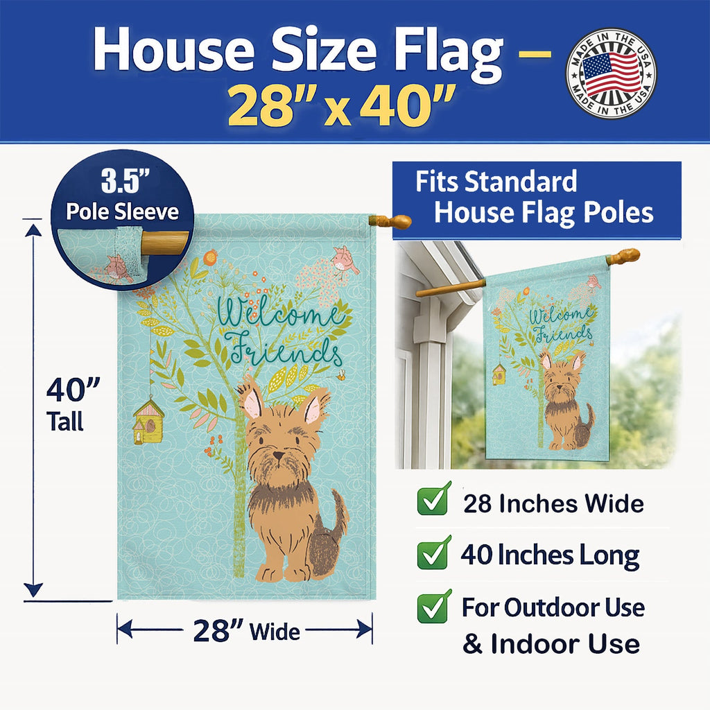 Welcome Friends Yorkie House Flag 28x40 Porch Sleeve Pole Decorative Outside Yard Banner Artwork Wall Hanging, Polyester