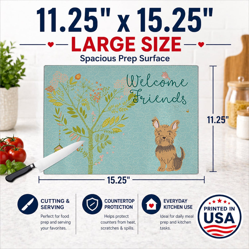 Welcome Friends Yorkie Cutting Board Tempered Glass Kitchen Cutting Surface, Heat Resistant Chopping, Non-Slip Feet, Food Prep & Serving