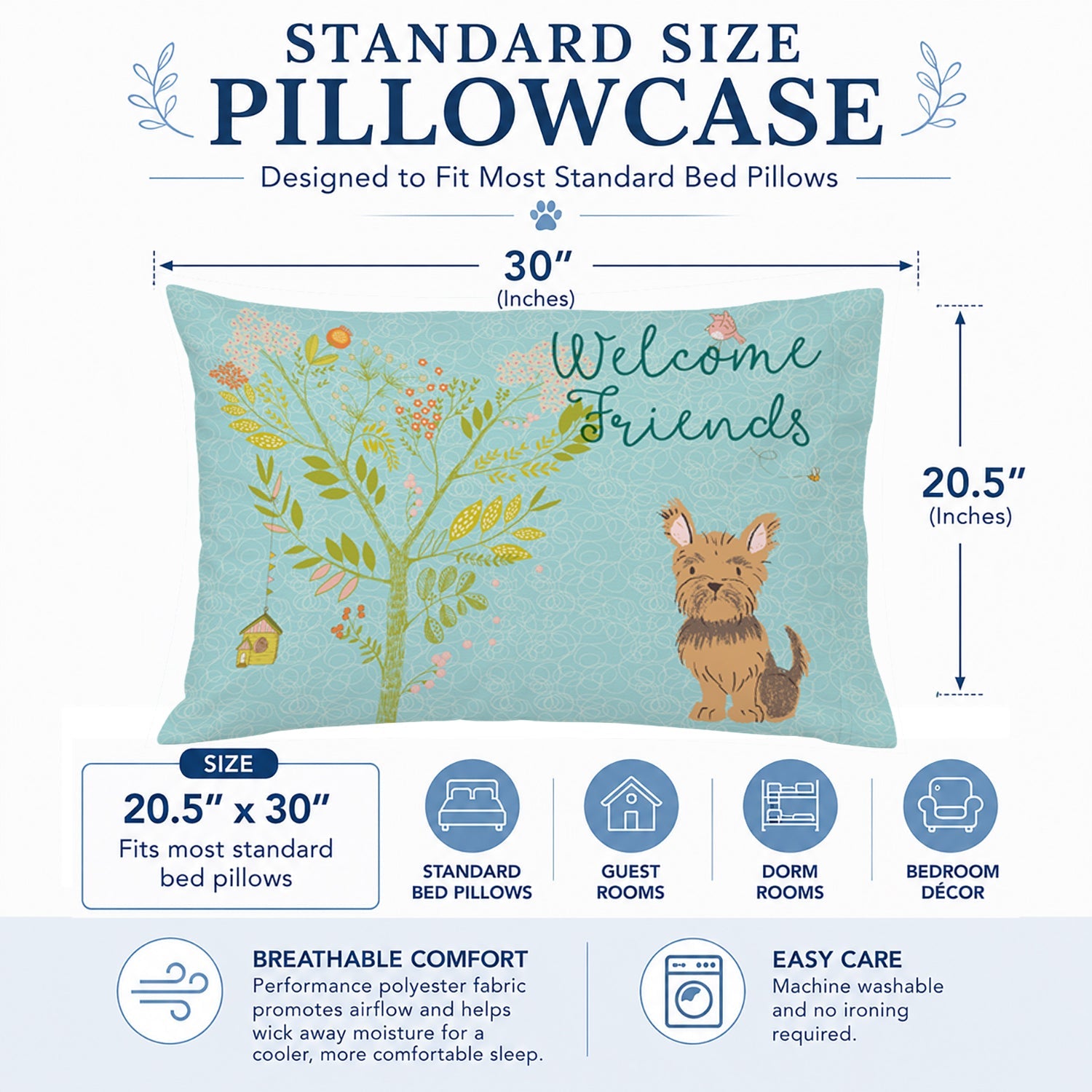 Welcome Friends Yorkie Standard Pillowcase Lightweight Super Soft Easy Care Decorative Artwork Pillowcase, Standard