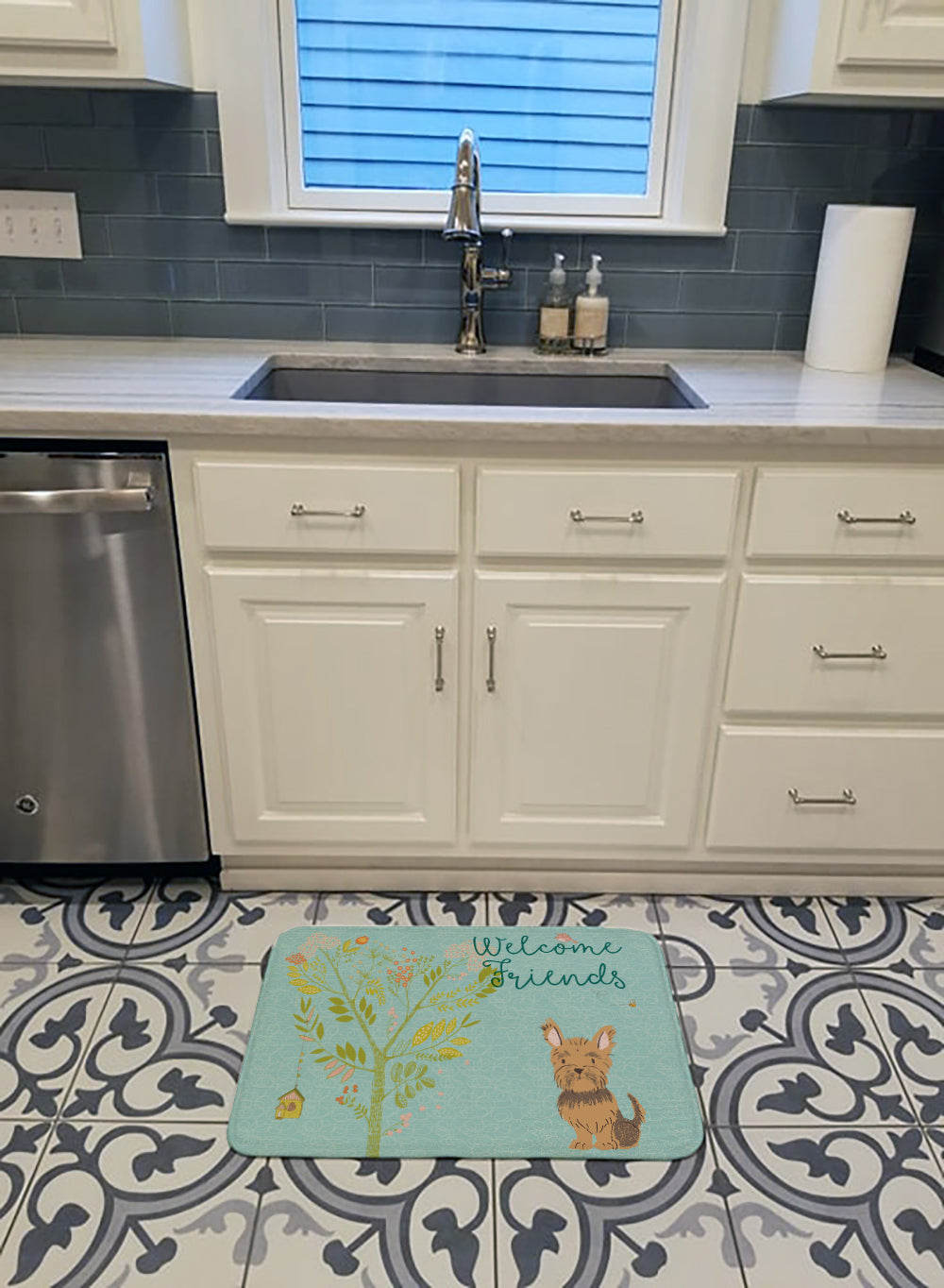 Welcome Friends Yorkie Memory Foam Kitchen Mat Machine Washable Anti-Fatigue Cushion Comfort Bath or Kitchen Rug