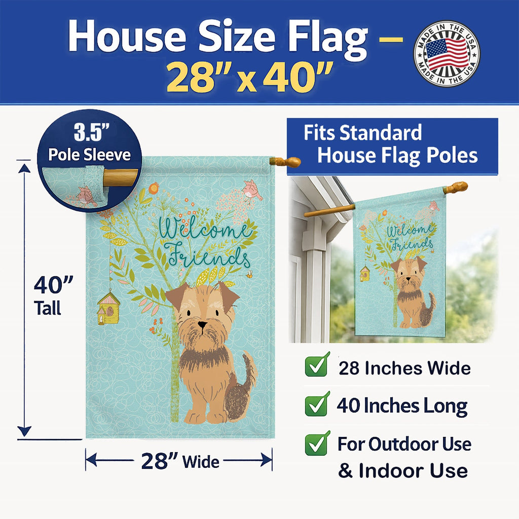 Welcome Friends Yorkie Natural Ears House Flag 28x40 Porch Sleeve Pole Decorative Outside Yard Banner Artwork Wall Hanging, Polyester